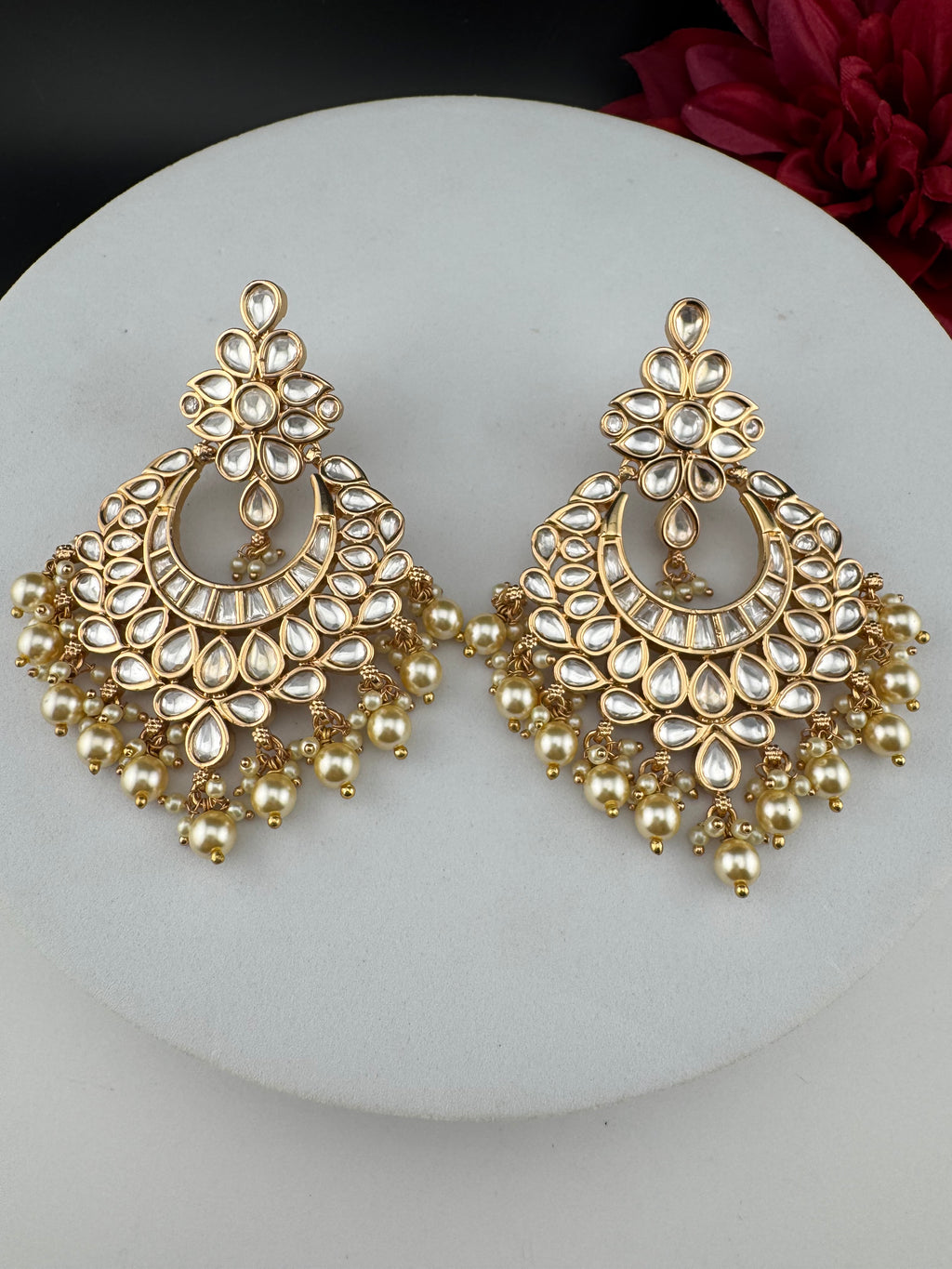 White and Gold Kundan, Pearls Chandelier Earrings, High shine Bridal, Moissanite ,CZ, Designer jewelry