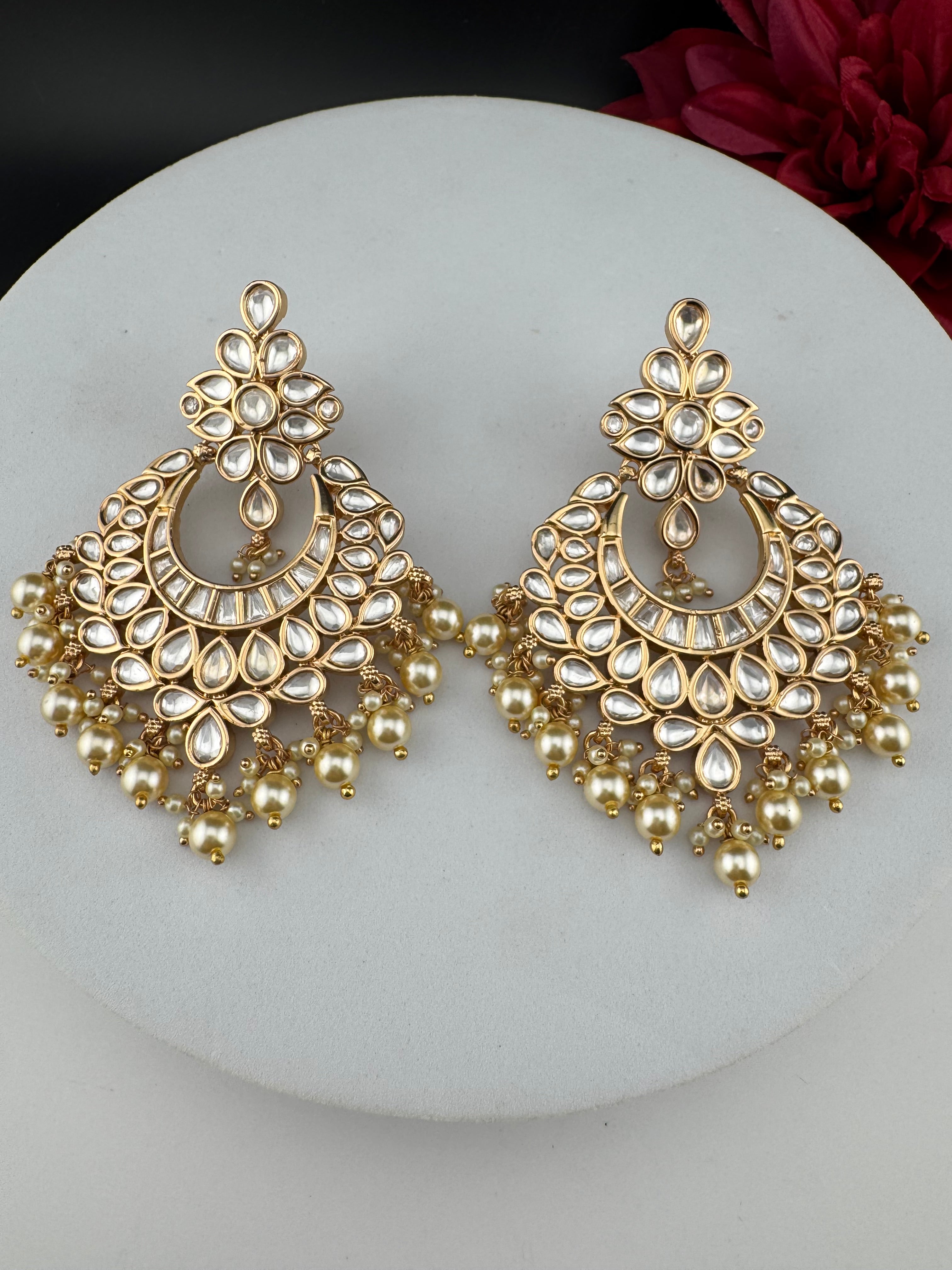 White and Gold Kundan, Pearls Chandelier Earrings, High shine Bridal, Moissanite ,CZ, Designer jewelry