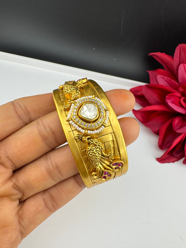 Moissanite Kundan, CZ, pearl Peacock Cuff Bracelet Bangle, Gold Polish Bangle (Fits 2.6" Diameter)