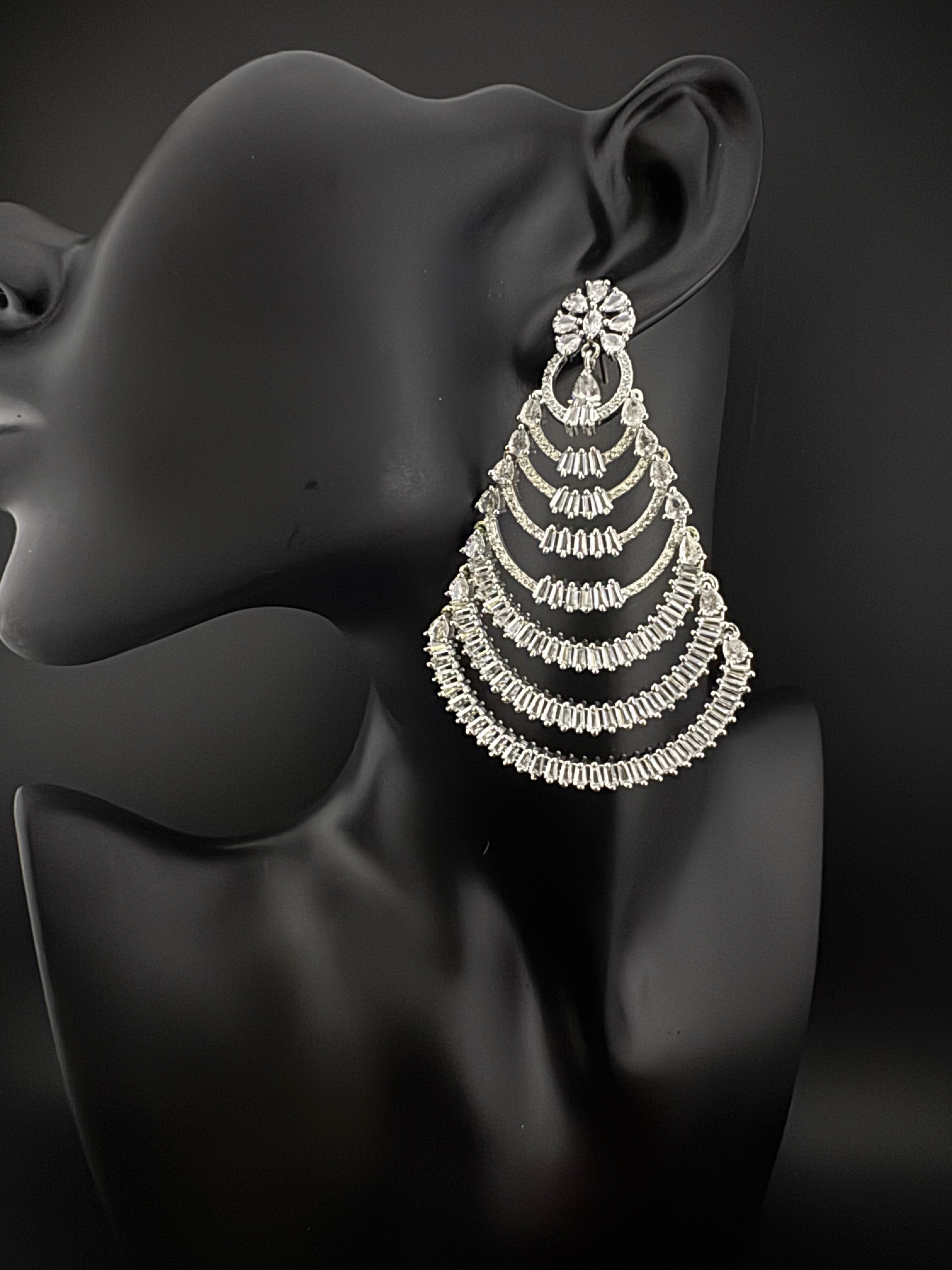 Premium Cubic Zirconia silver Chandelier Oversized earrings is designer Inspired, Statement Long earring, Bridal, Party, Wedding jewelry,