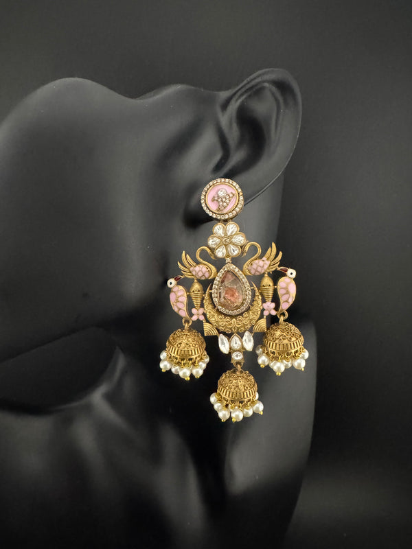 Amrapali inspired Matt Gold, Stone, Enamel, Pearl Oversized ChandBali Jhumka Earrings, designer jewelry