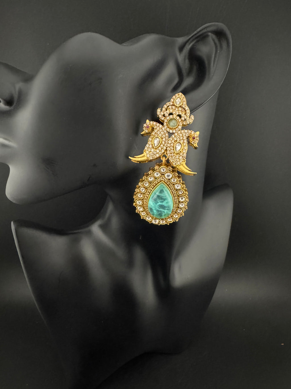 Blue Green and Gold, Doublet Stone Chandelier Long Earrings, Bridal, Moissanite, CZ, Designer jewelry