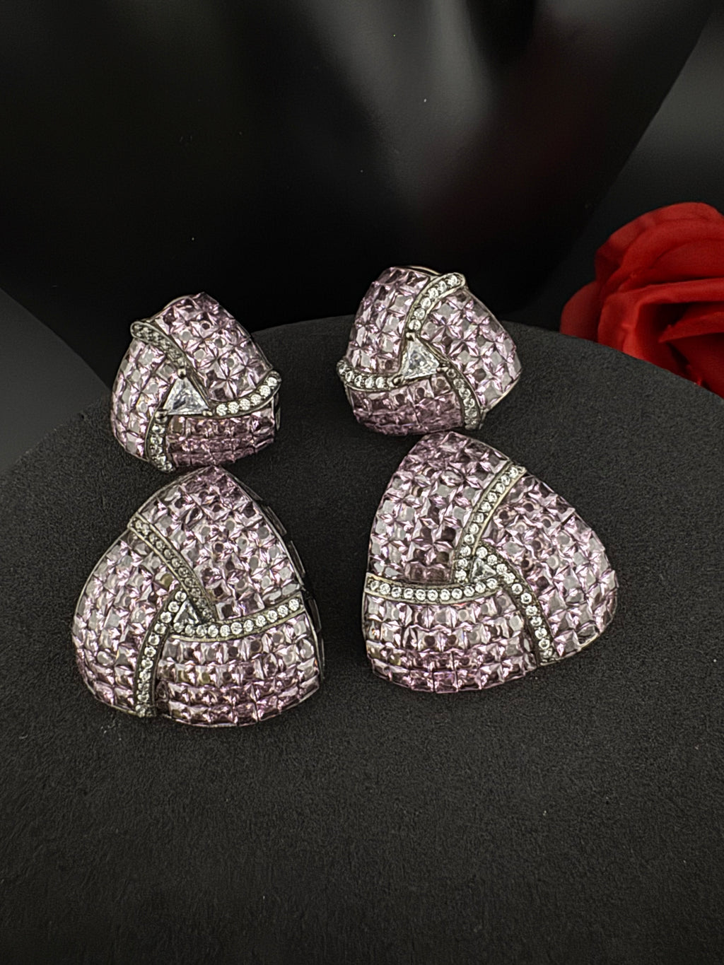 Premium Nano Setting Cubic Zirconia, Lavender Crystal stones in Unique setting is Victorian stylish designer Inspired Statement long earring