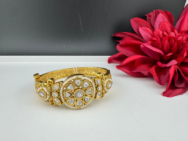 Moissanite Kundan, Pearl, CZ Designer Bracelet Bangle, Matt Gold Polish (Fits upto 2.6" Wrist)