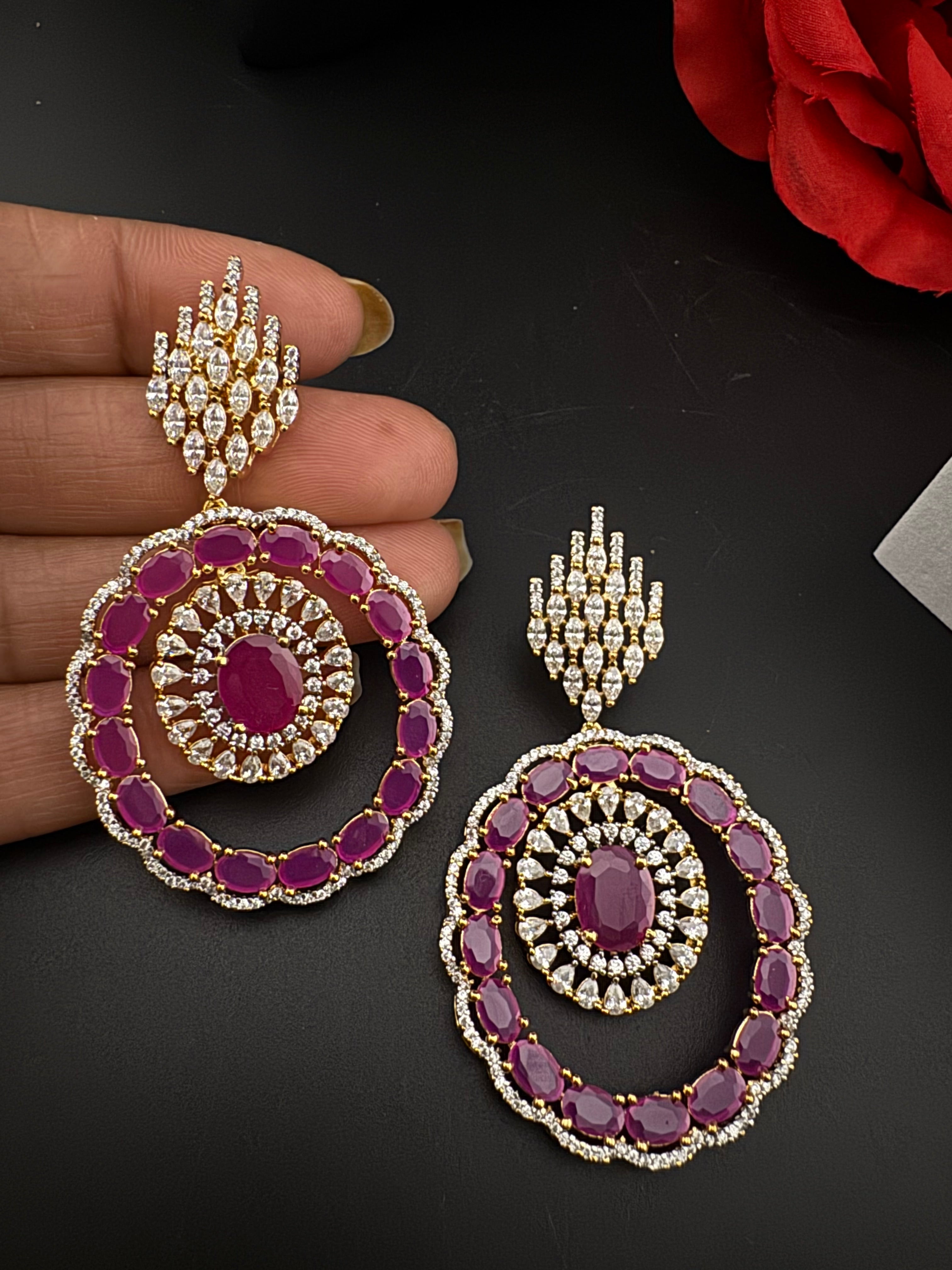 Premium Stones, Cubic Zirconia in gold color is designer Inspired Statement Big Circular Dangle earring/Indian, Bridal, bridesmaid gift