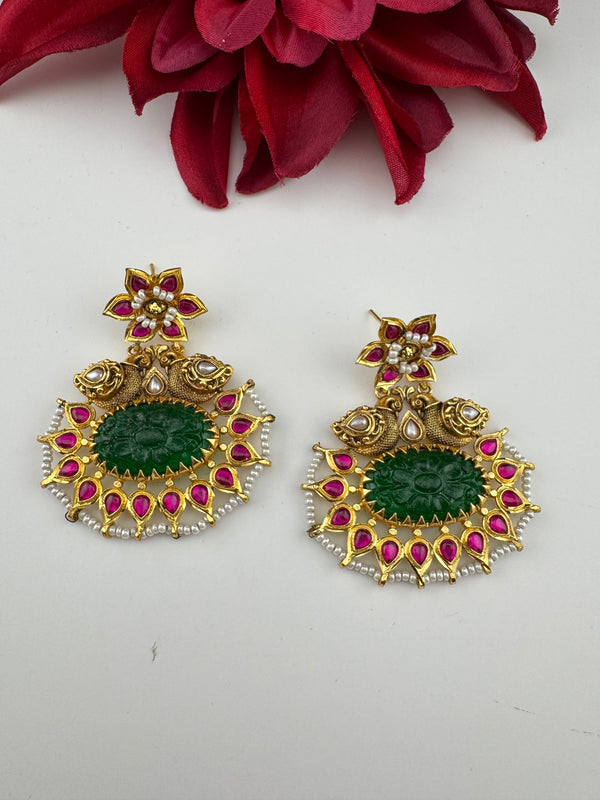 Gold and Green Carved stone, pacchi Kundan, Pearls Chandelier Chandbali Earrings, Bridal Designer jewelry