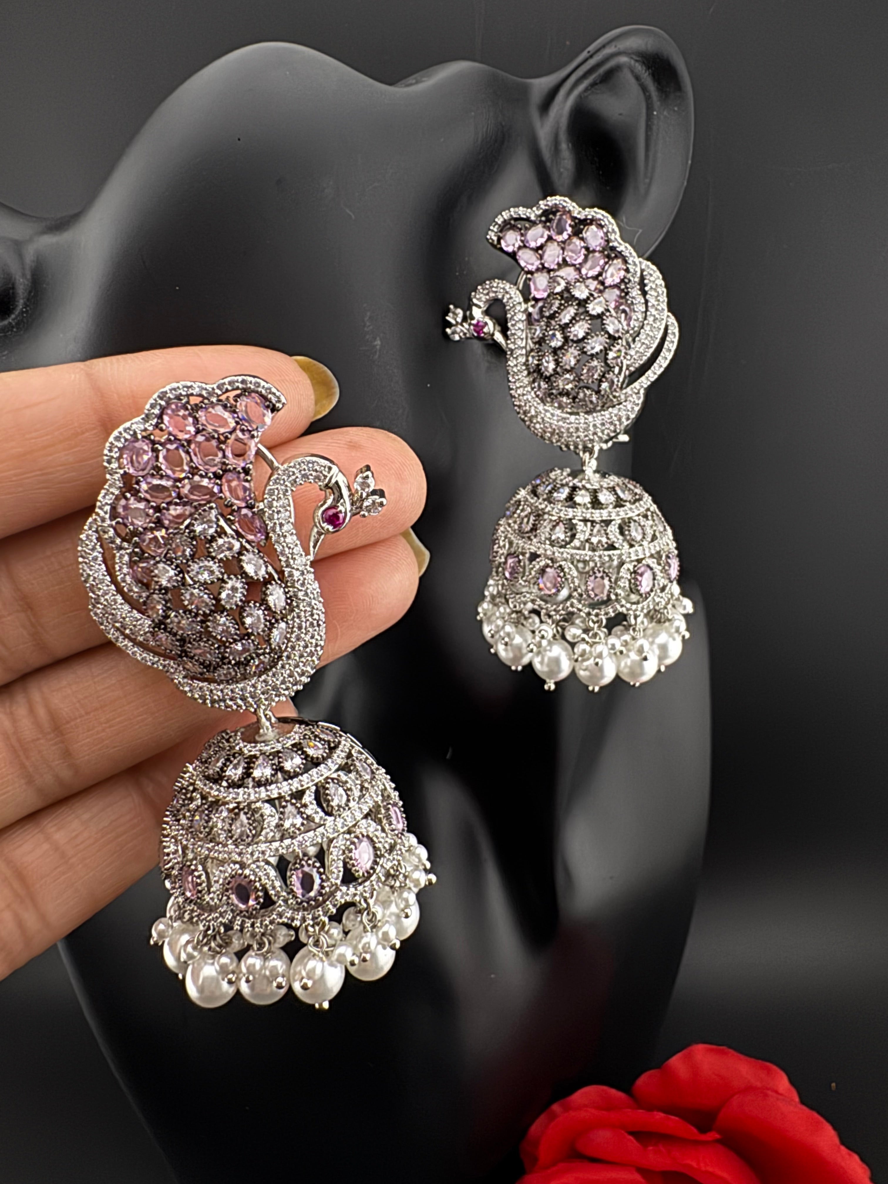 Premium Cubic Zirconia Peacock jhumka earrings is designer Inspired, Statement Long earring, Bridal, Party, Wedding jewelry, chic, Indian