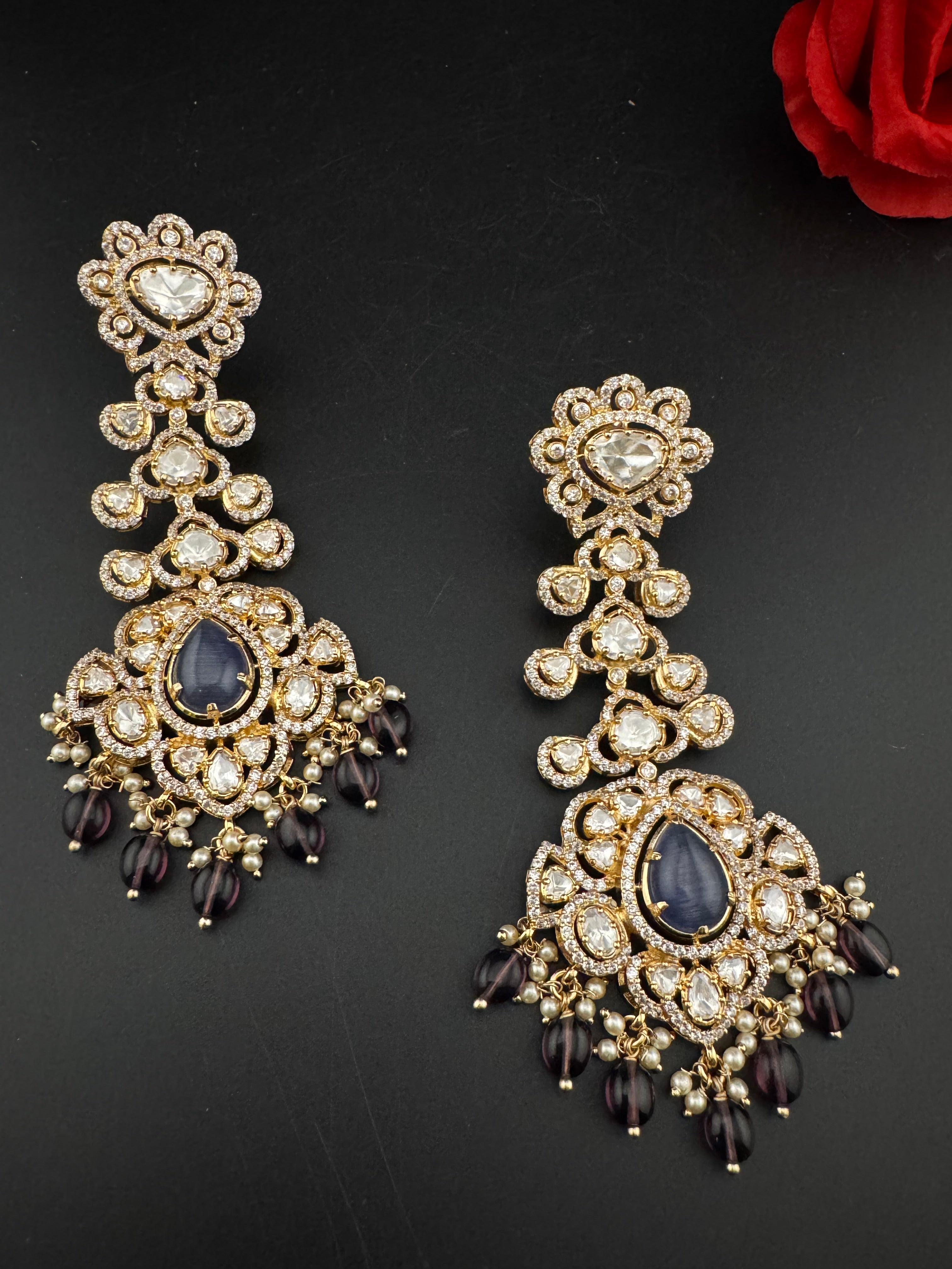 White and Gold Kundan, Pearls Chandelier Long Earrings, Bridal, Moissanite, CZ, Designer jewelry