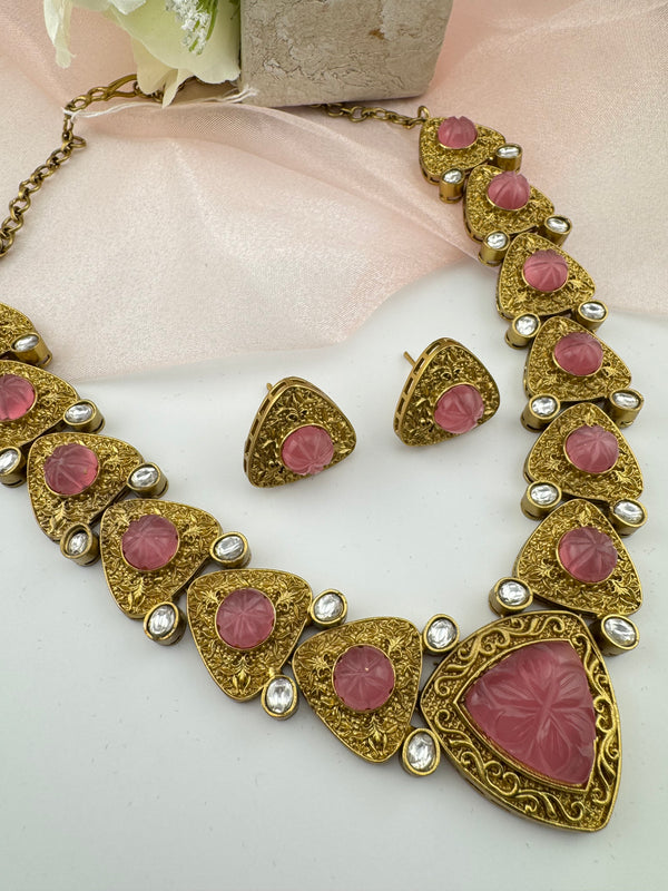 Kundan, Carved Stone, Gold plated necklace set, Indian Bridal Jewelry set