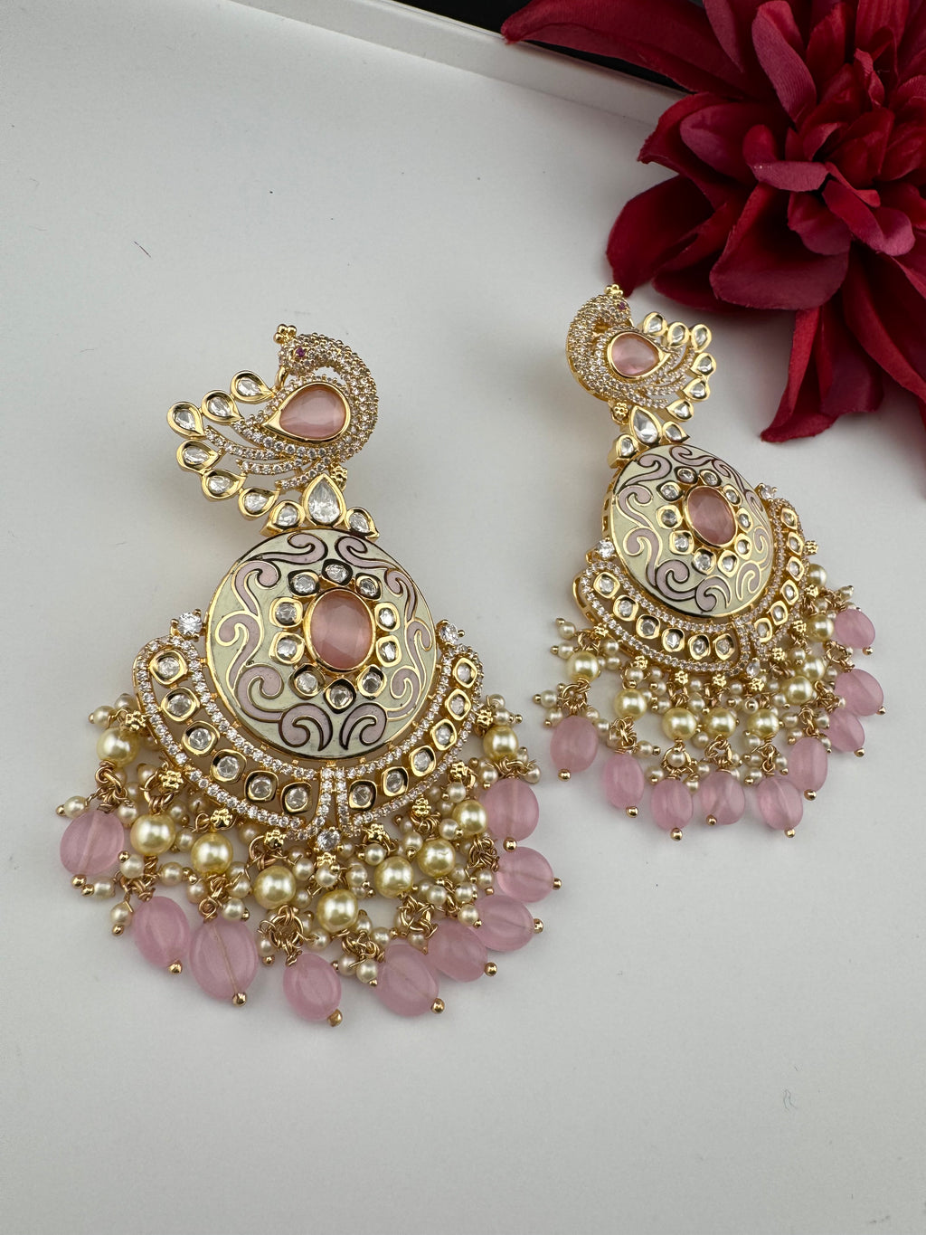 Enamel and Gold Kundan Chandelier Long Earrings, High shine Bridal Moissanite CZ, Designer Earrings