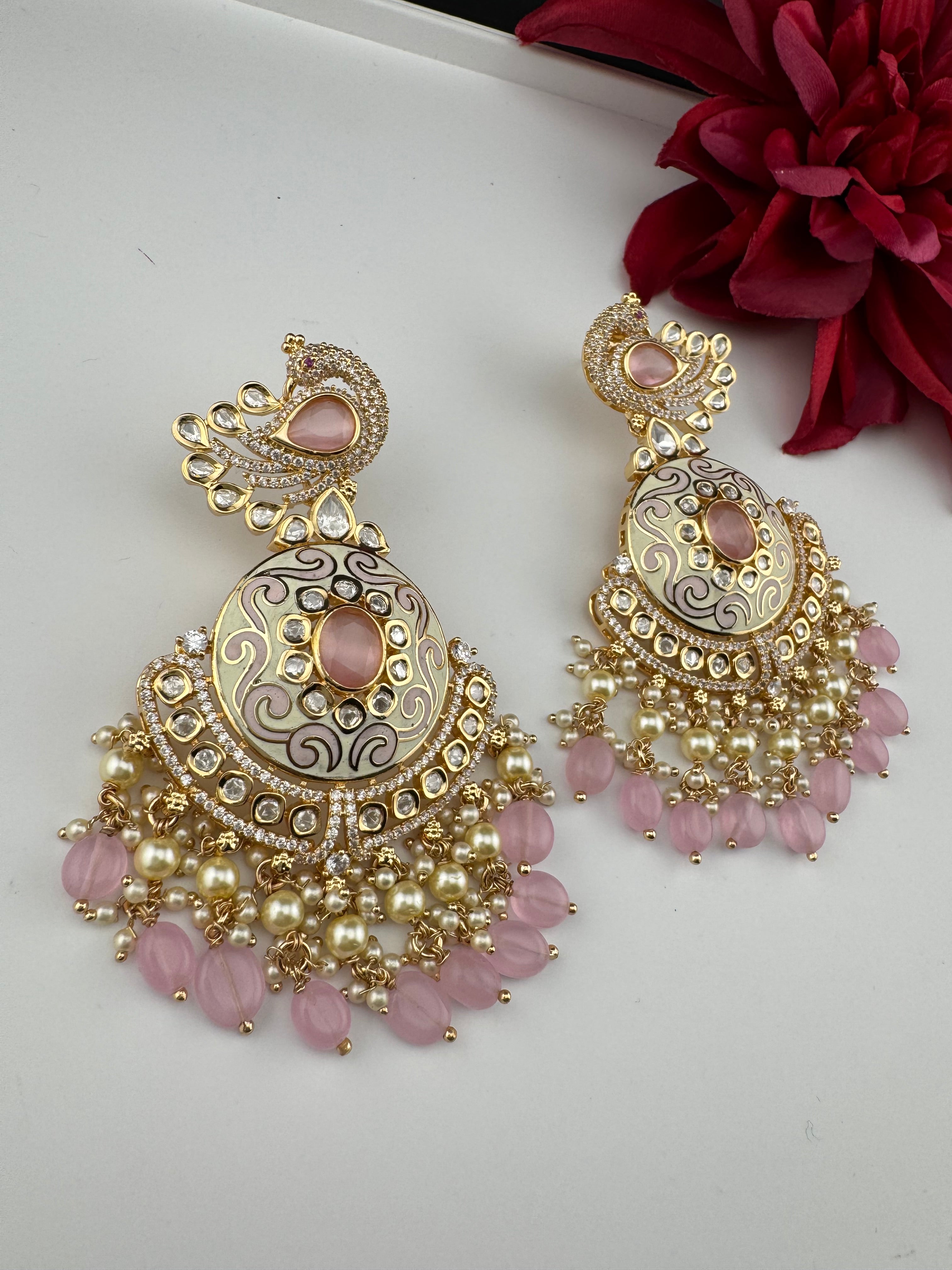 Enamel and Gold Kundan Chandelier Long Earrings, High shine Bridal Moissanite CZ, Designer Earrings