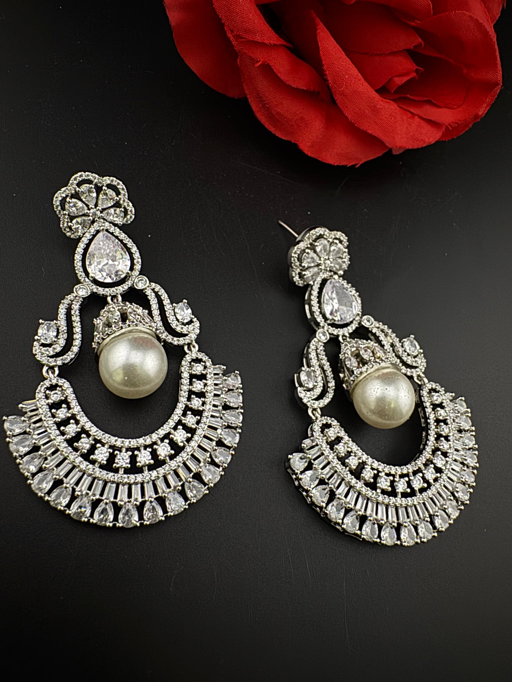 Premium Cubic Zirconia Pearl Chandelier Oversized earrings is designer Inspired, Statement Long earring, Bridal, Party, Wedding jewelry,