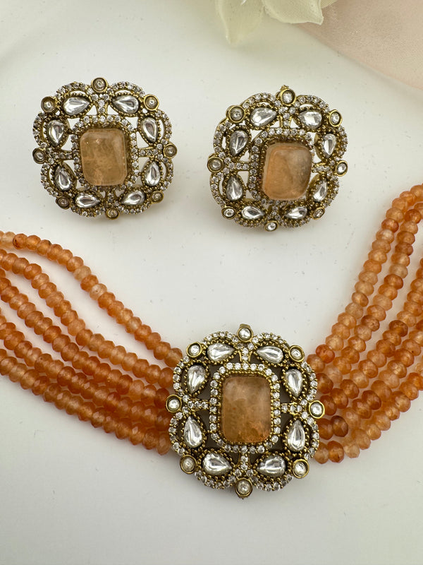 Moissanite Kundan, Hydro beads, CZ, Stones Choker necklace set, Indian Bridal Jewelry, chic set
