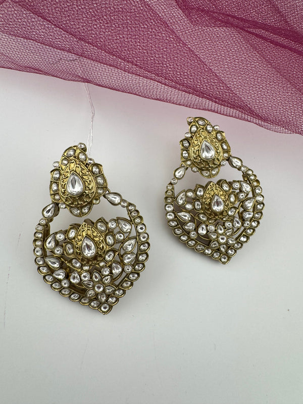Amrapali inspired, Matt Gold with uncut kundan and CZ chandbali earrings