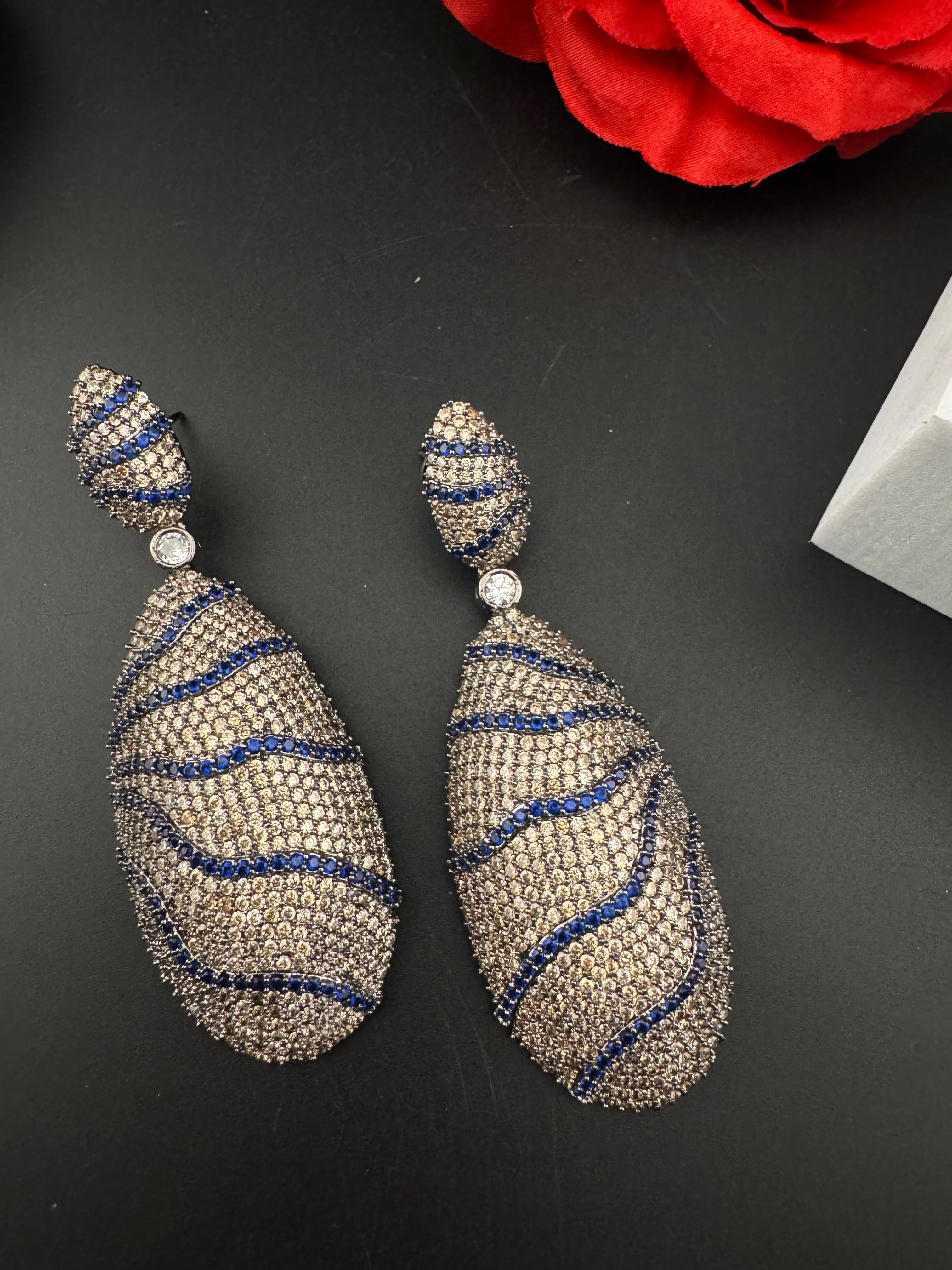 Premium Nano Setting Cubic Zirconia Victorian Long earrings in Dangle Drop shape, designer Inspired Statement long drop dangle earrings