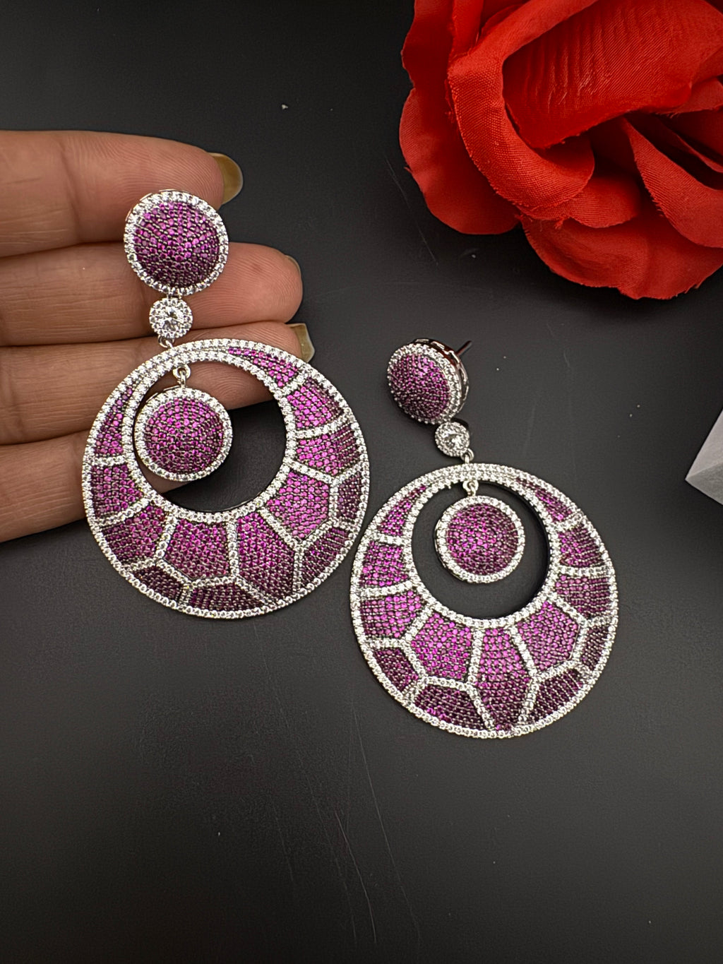 Premium Nano Setting of Cubic Zirconia in silver is designer Inspired Statement Oversized Circular Dangle earring/Bridal/bridesmaid gift
