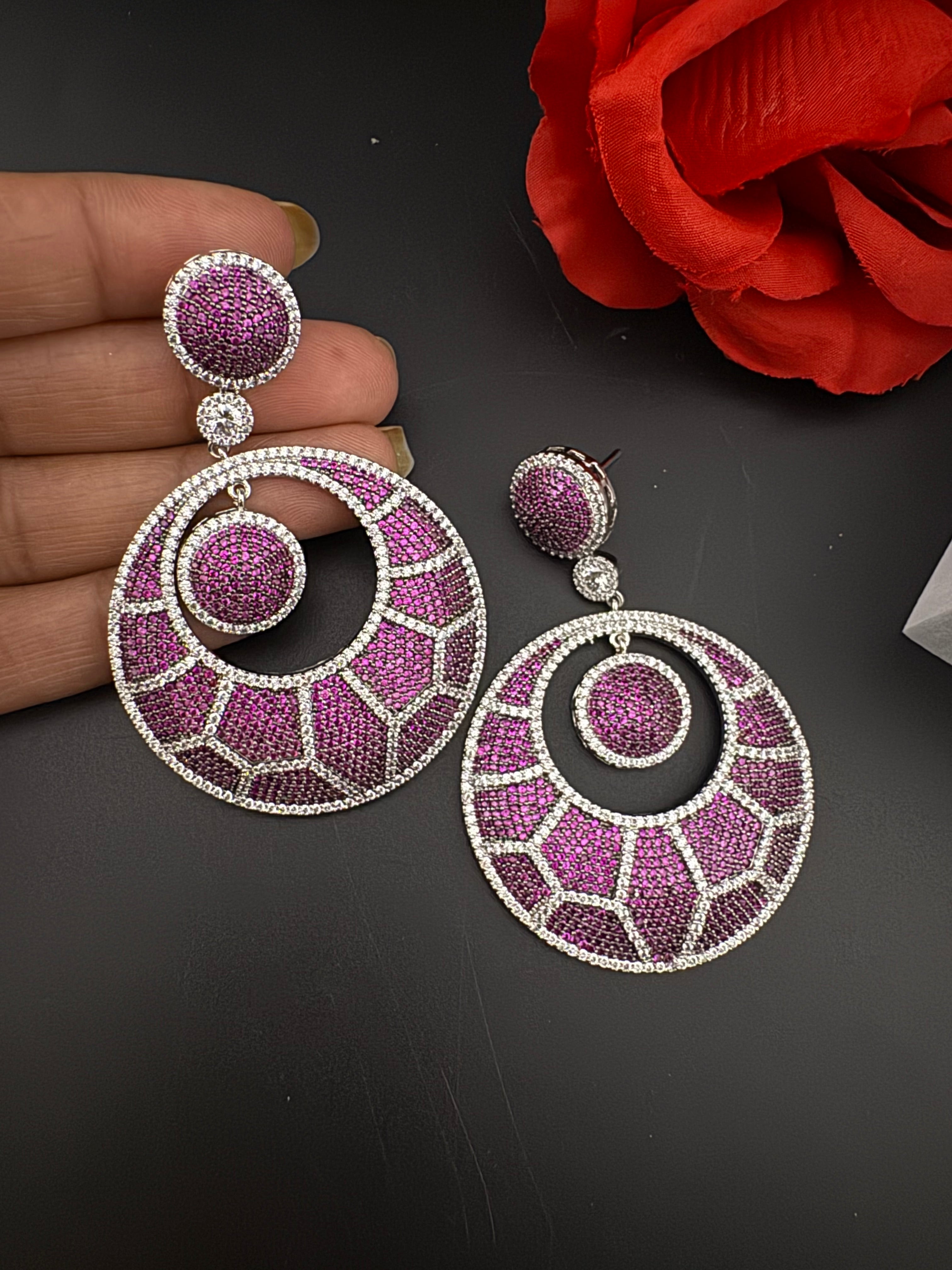 Premium Nano Setting of Cubic Zirconia in silver is designer Inspired Statement Oversized Circular Dangle earring/Bridal/bridesmaid gift