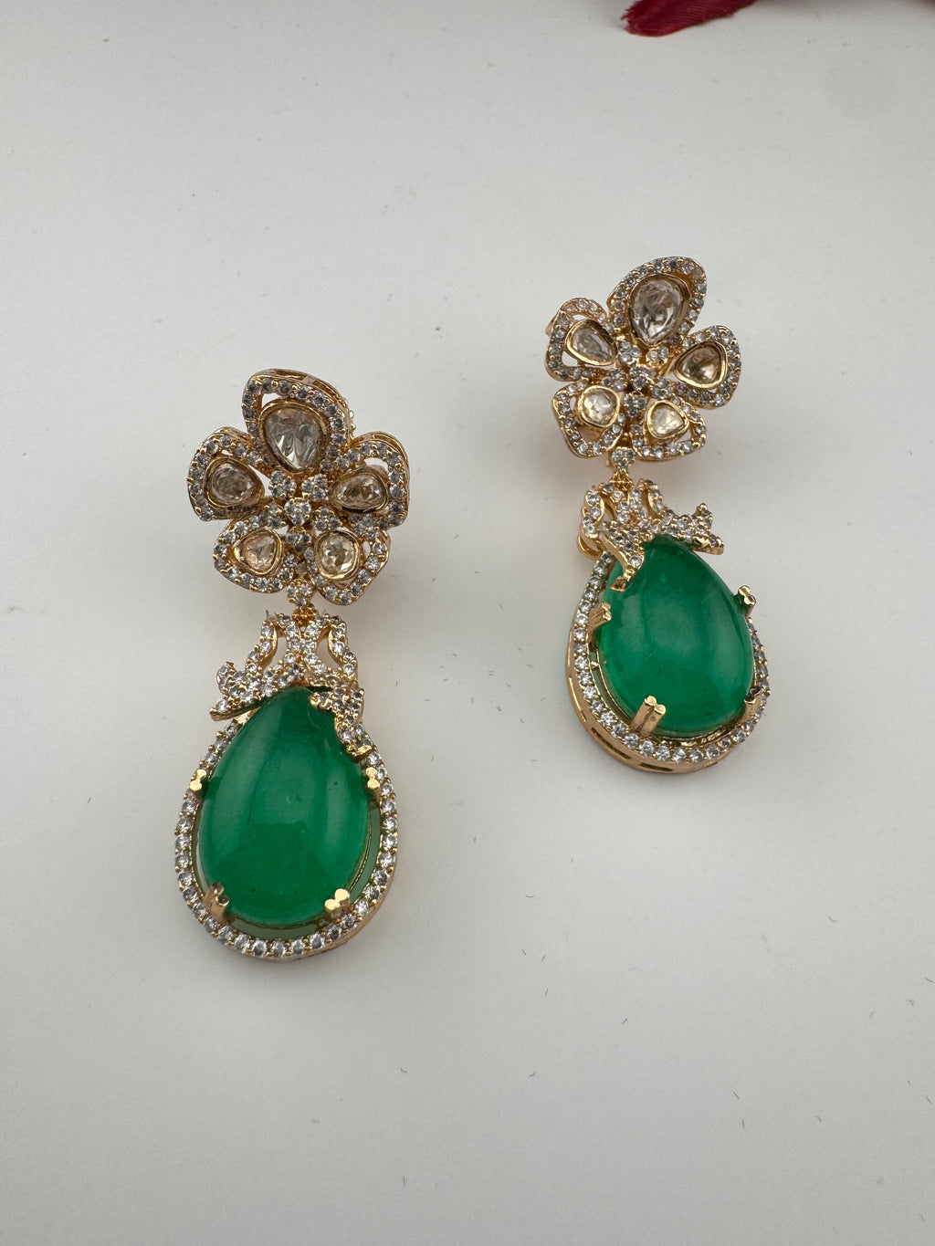 Green and Gold Kundan, Doublet Stone Chandelier Drop Earrings, Bridal, Moissanite, CZ, Designer jewelry