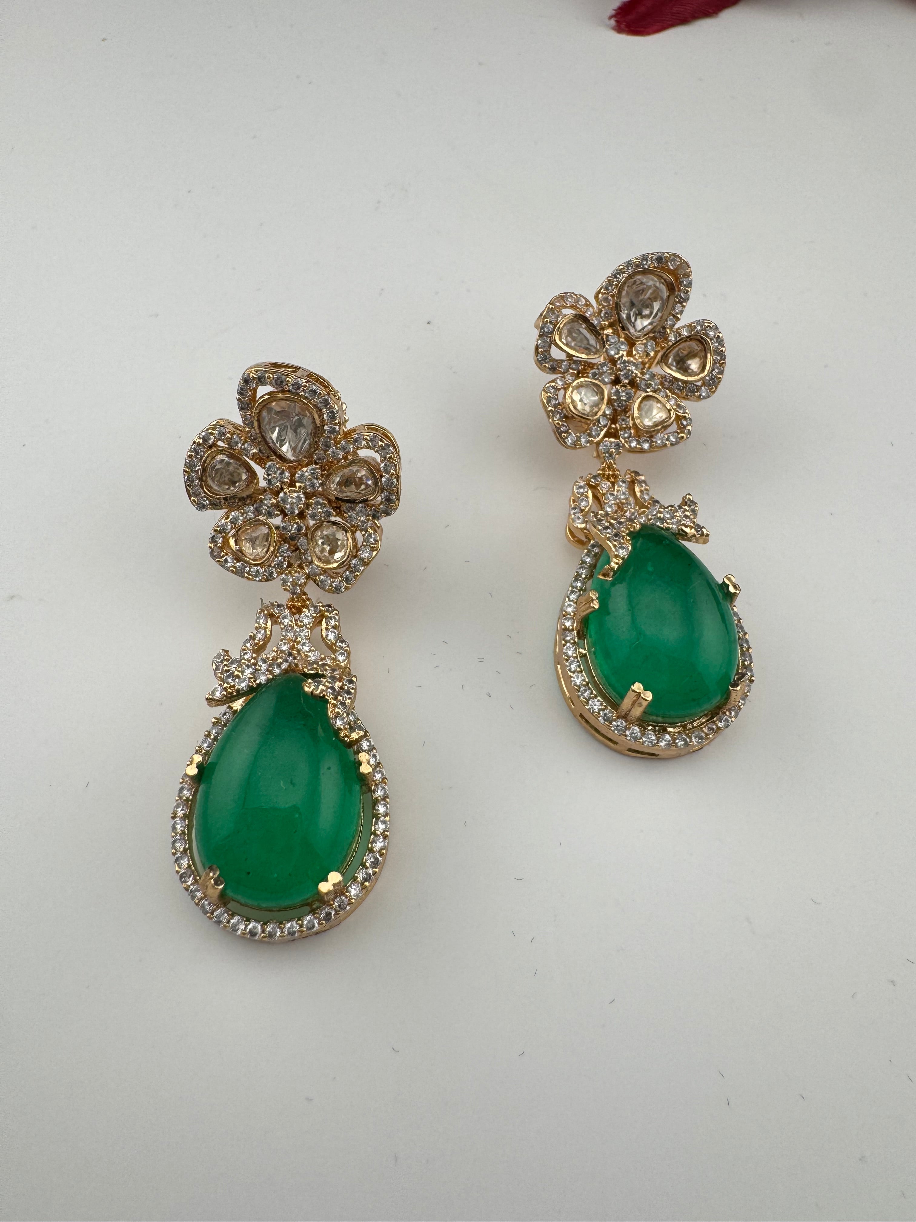 Green and Gold Kundan, Doublet Stone Chandelier Drop Earrings, Bridal, Moissanite, CZ, Designer jewelry