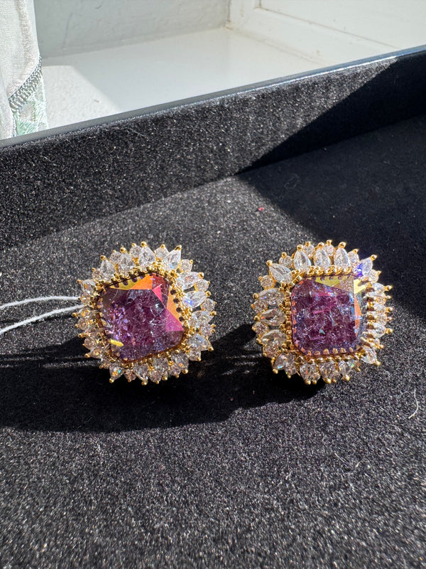 Gold Polish Crystal Stone Stud Earrings, Cubic Zirconia, AD, CZ, Indian Jewelry