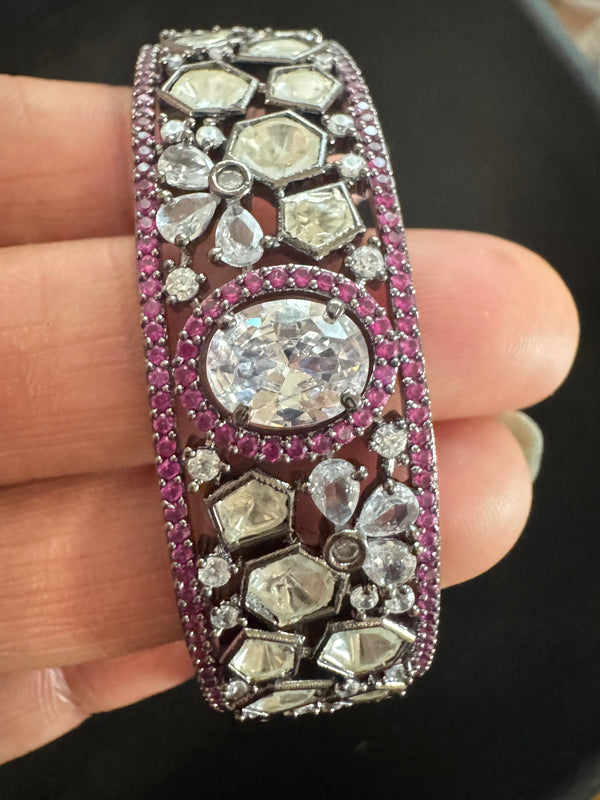 Uncut Kundan, Crystal Stone, CZ, Openable Bracelet Bangle, Victorian Polish