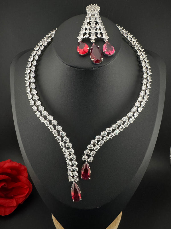 Crystals and CZ Diamond Statement front openable Hasli Necklace Set, Silver Plated Collar set