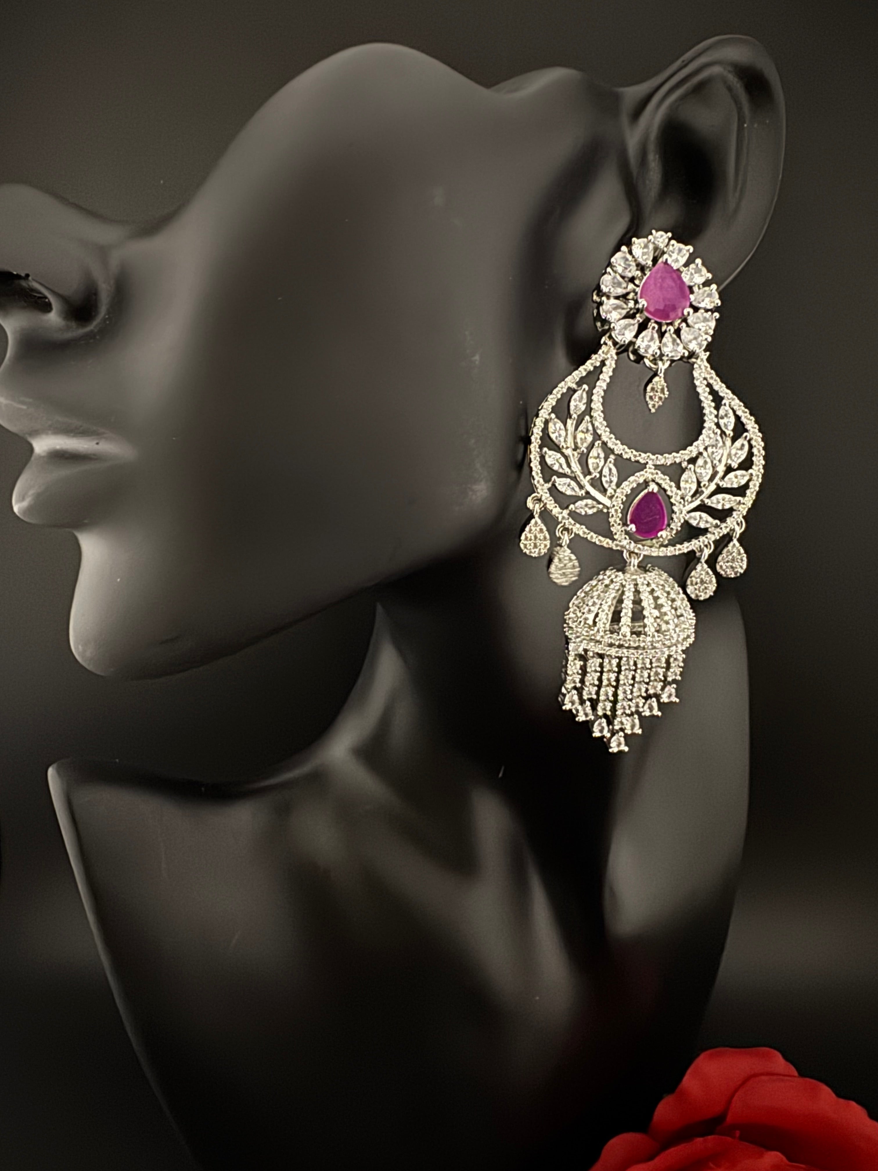 Premium Cubic Zirconia Chandbali humka earrings is designer Inspired, Statement Long earring, Bridal, Party, Wedding jewelry, chic, Indian