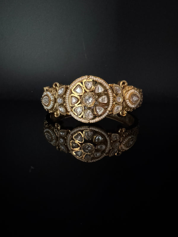 Moissanite Kundan, Pearl, CZ Designer Bracelet Bangle, Matt Gold Polish (Fits upto 2.6" Wrist)