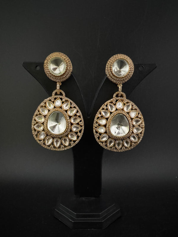 Golden Kundan, CZ, Chandbali Earrings, High shine, Bridal, Moissanite, Designer jewelry