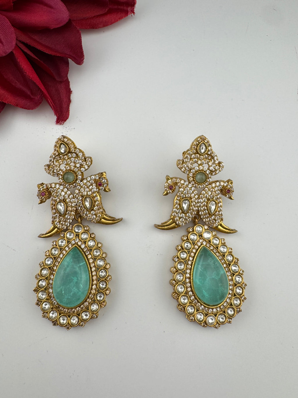 Blue Green and Gold, Doublet Stone Chandelier Long Earrings, Bridal, Moissanite, CZ, Designer jewelry