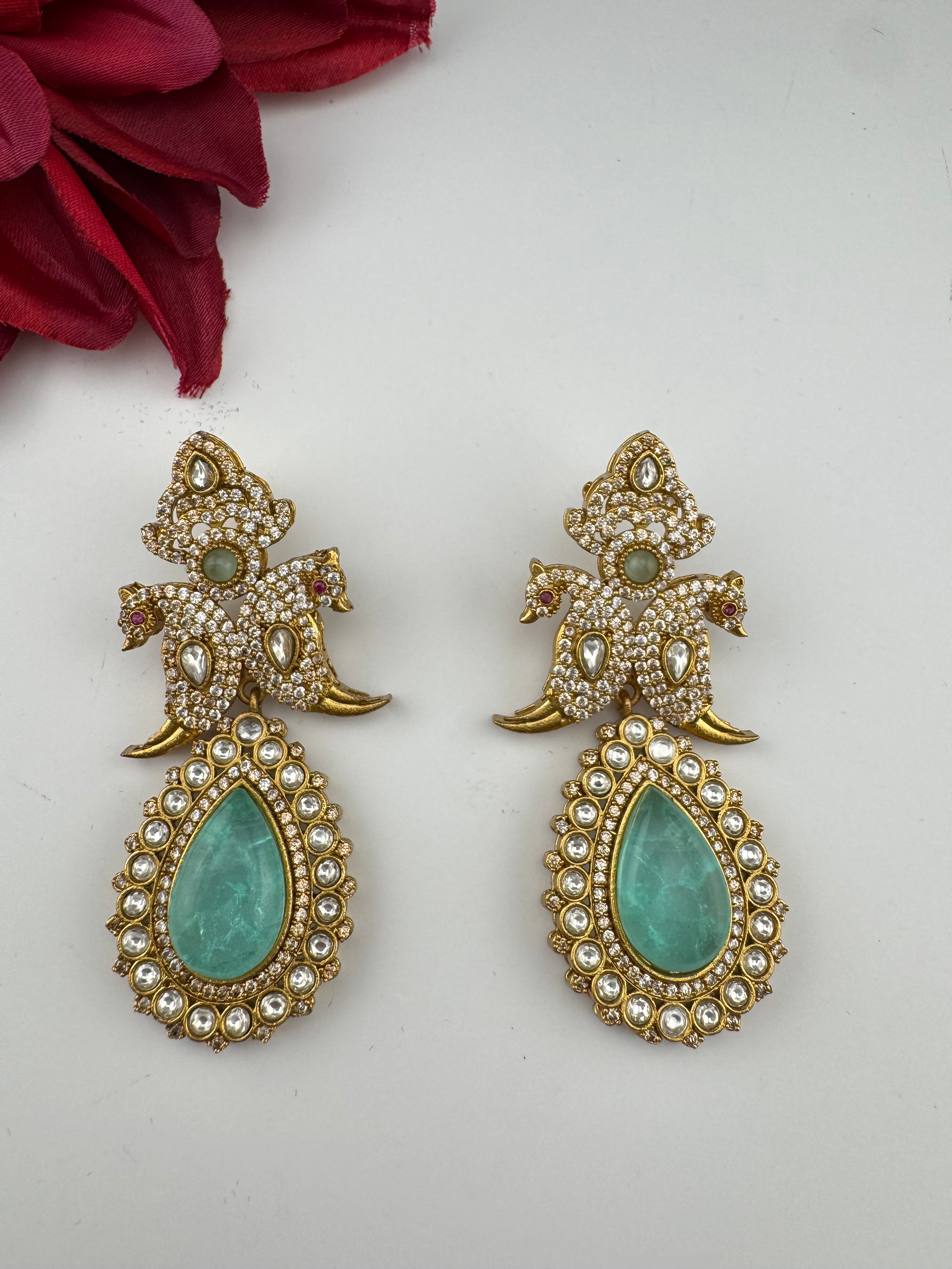 Blue Green and Gold, Doublet Stone Chandelier Long Earrings, Bridal, Moissanite, CZ, Designer jewelry