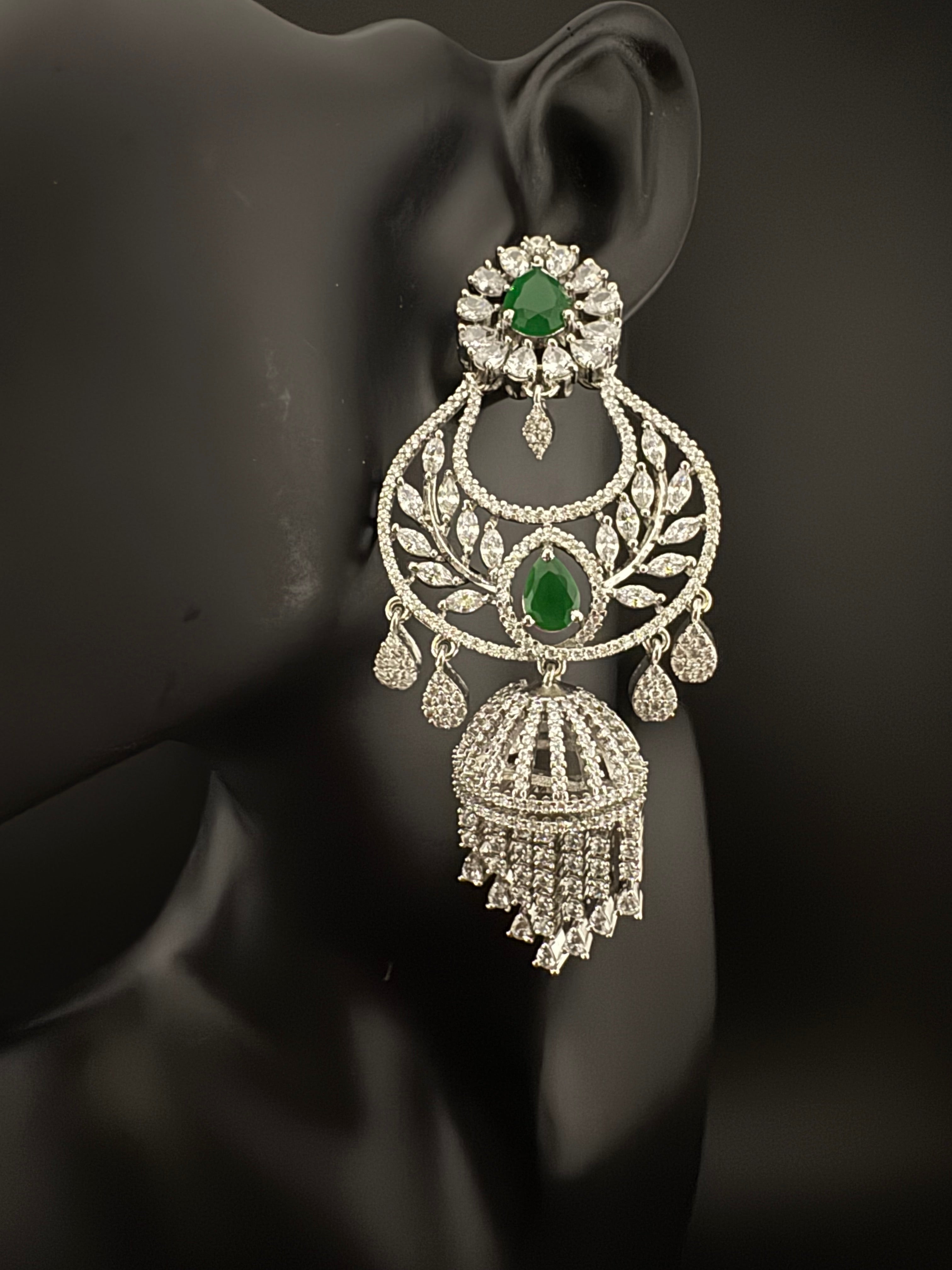 Premium Cubic Zirconia Chandbali humka earrings is designer Inspired, Statement Long earring, Bridal, Party, Wedding jewelry, chic, Indian