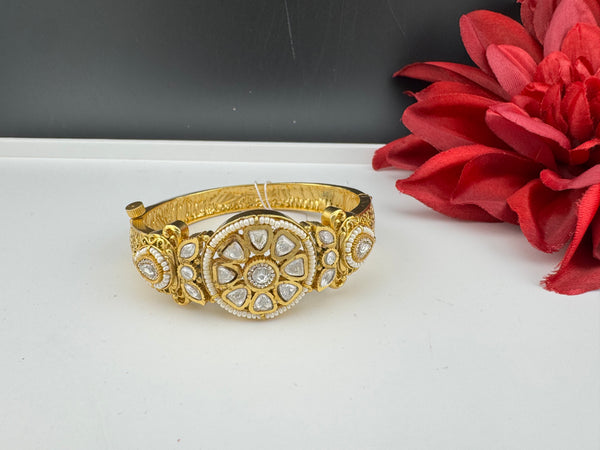 Moissanite Kundan, Pearl, CZ Designer Bracelet Bangle, Matt Gold Polish (Fits upto 2.6" Wrist)