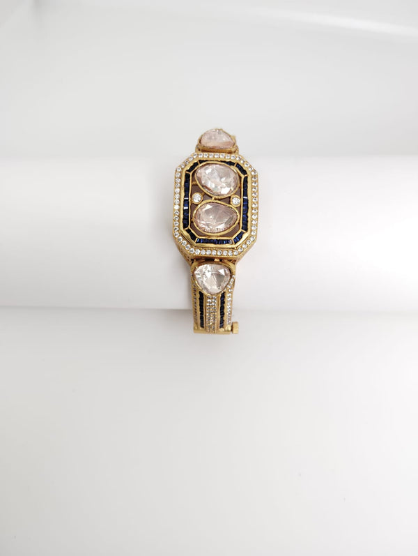 Moissanite Kundan, CZ Openable Bracelet Bangle, Gold Polish (Fits 2.6" wrists)