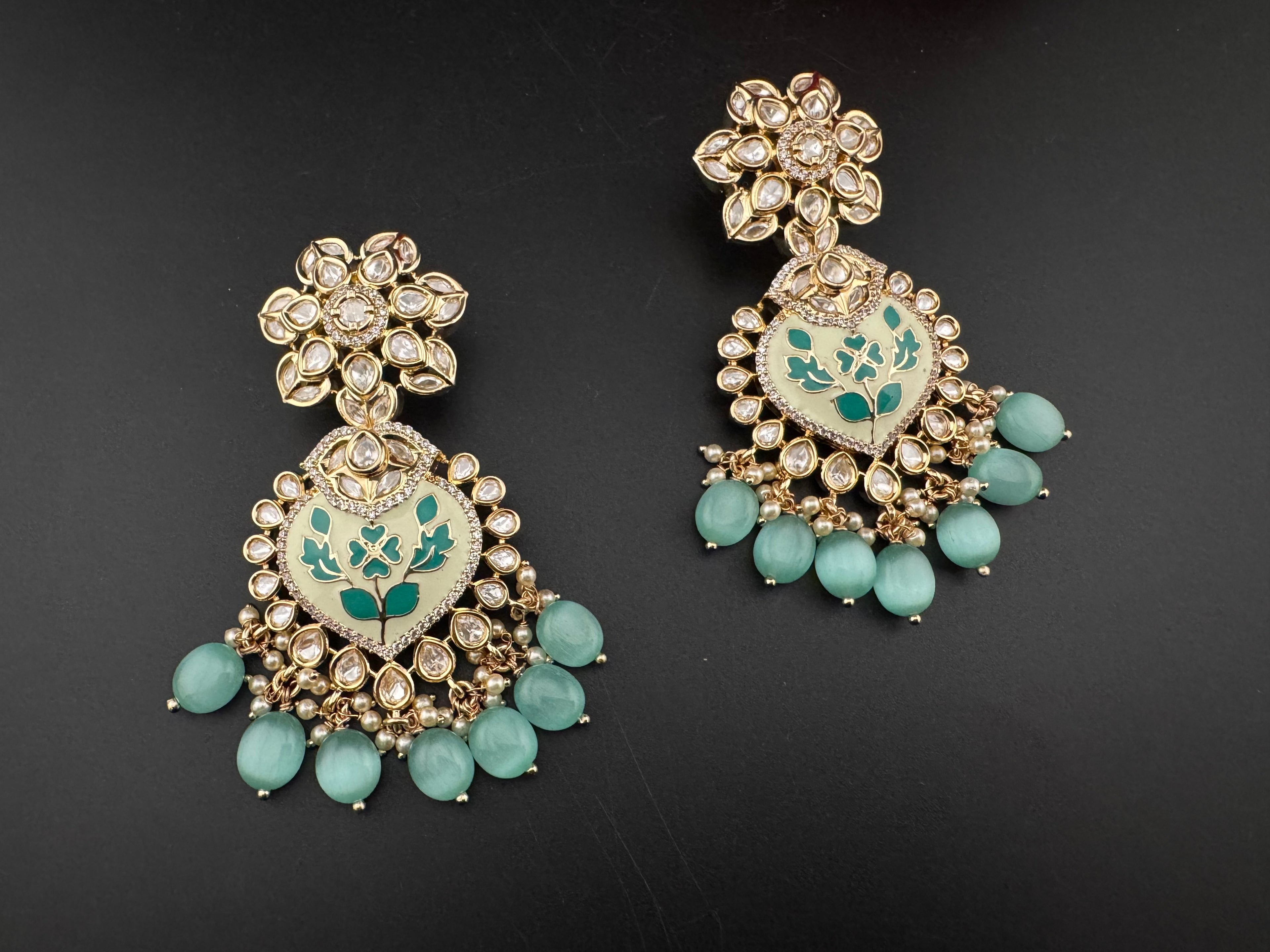 Enamel and Gold Kundan Chandelier Long Earrings, High shine Bridal Moissanite CZ, Designer Earrings