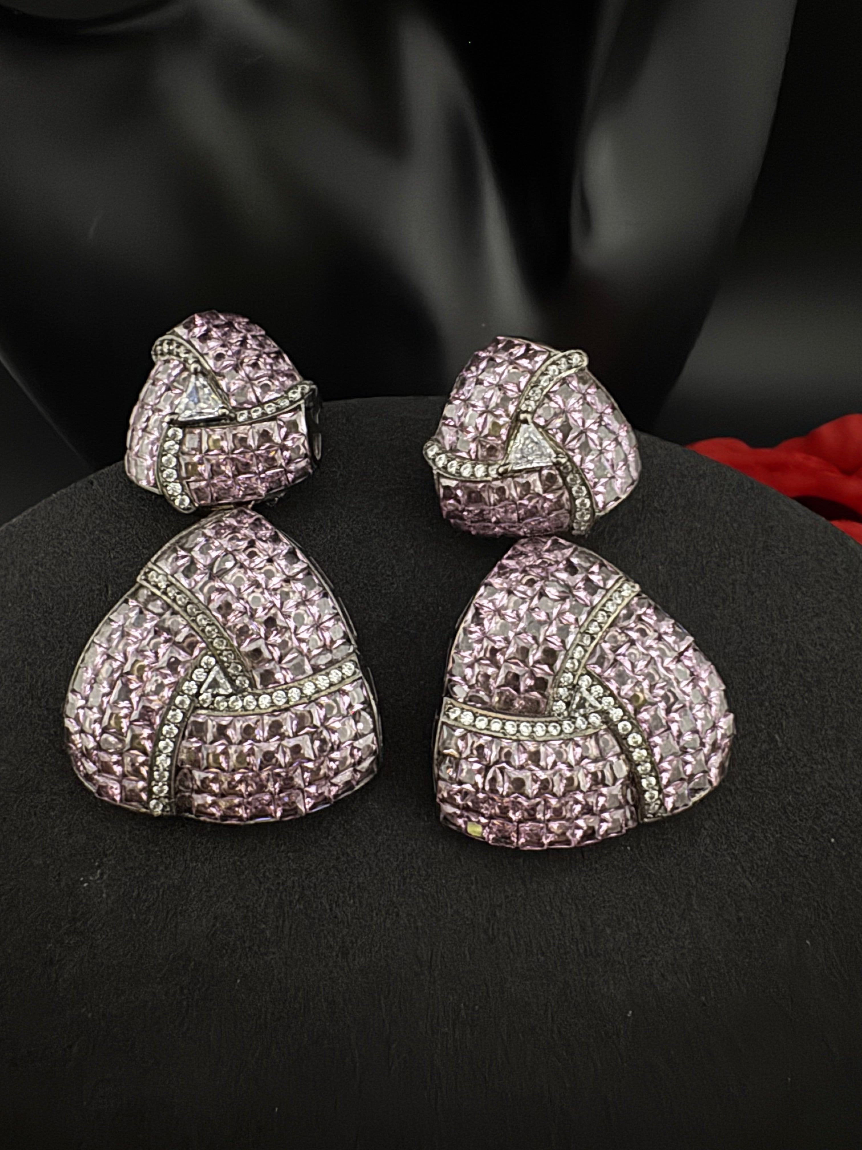 Premium Nano Setting Cubic Zirconia, Lavender Crystal stones in Unique setting is Victorian stylish designer Inspired Statement long earring