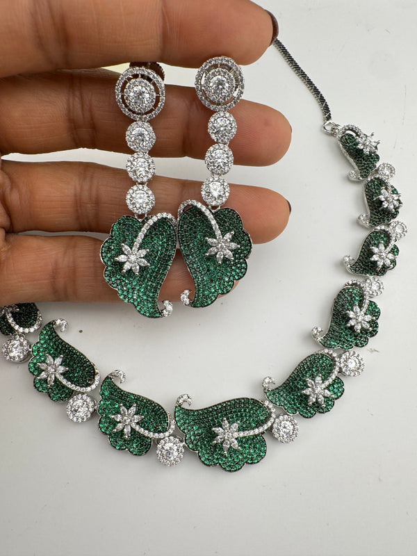 Nano Setting CZ Diamond Statement Green Necklace Set, White Gold Plated Choker, nature inspired