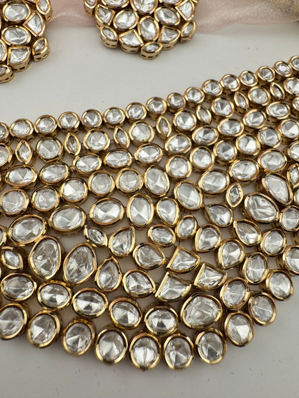 Kundan, Moissanite, CZFlexible Gold Bridal necklace set, Indian Bridal Jewelry