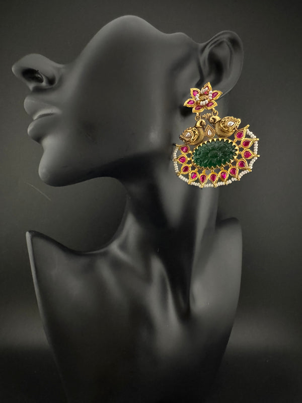 Gold and Green Carved stone, pacchi Kundan, Pearls Chandelier Chandbali Earrings, Bridal Designer jewelry
