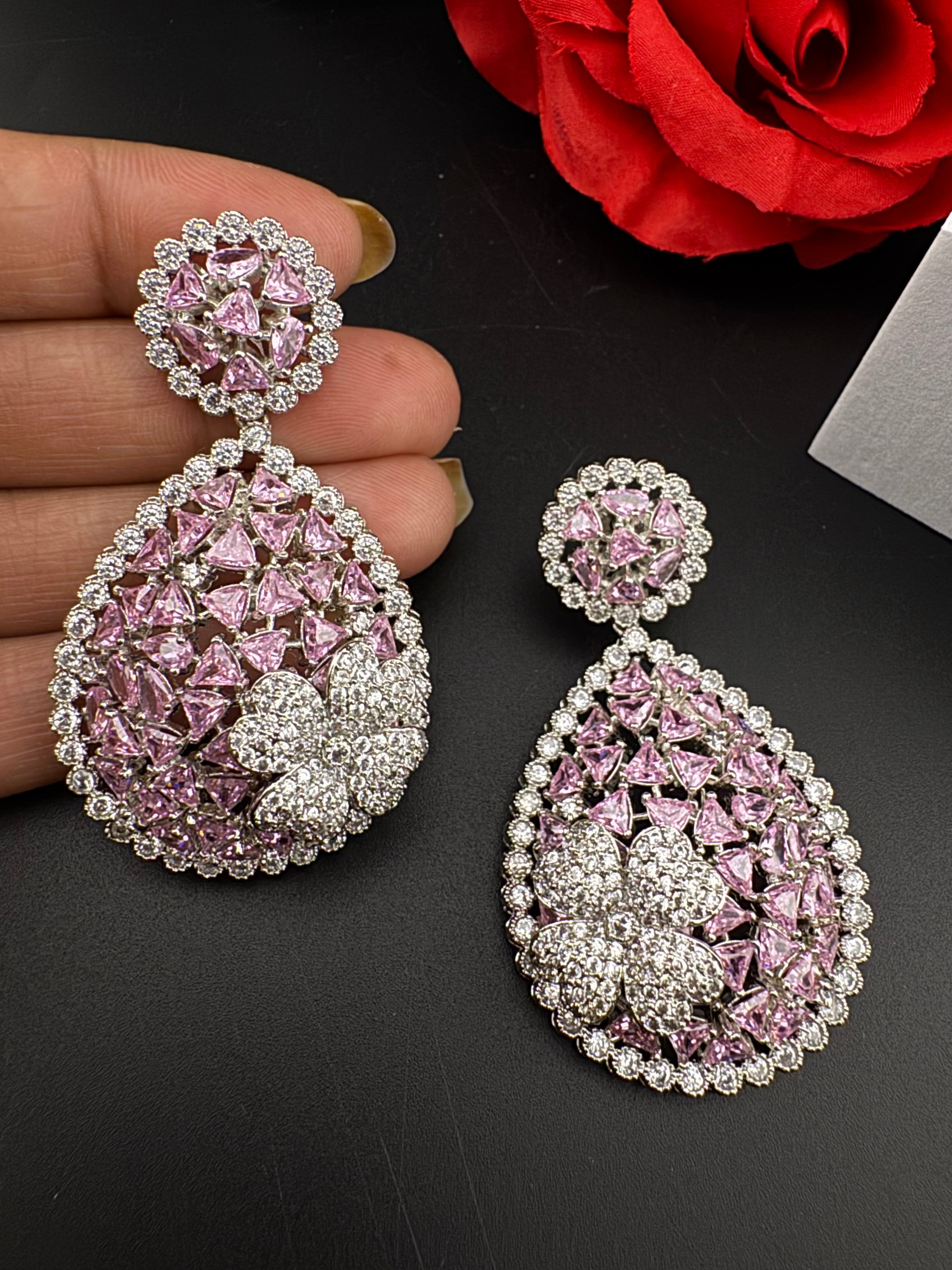 Premium Nano Setting of Cubic Zirconia in silver is designer Inspired Statement Drop Dangle earring/Unique Indian, Bridal, bridesmaid gift