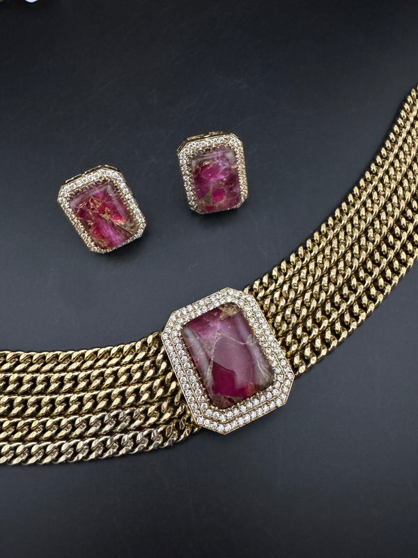 CZ, Mystic doublet stone, Antique gold tone Curb Link chain Choker necklace set with earrings