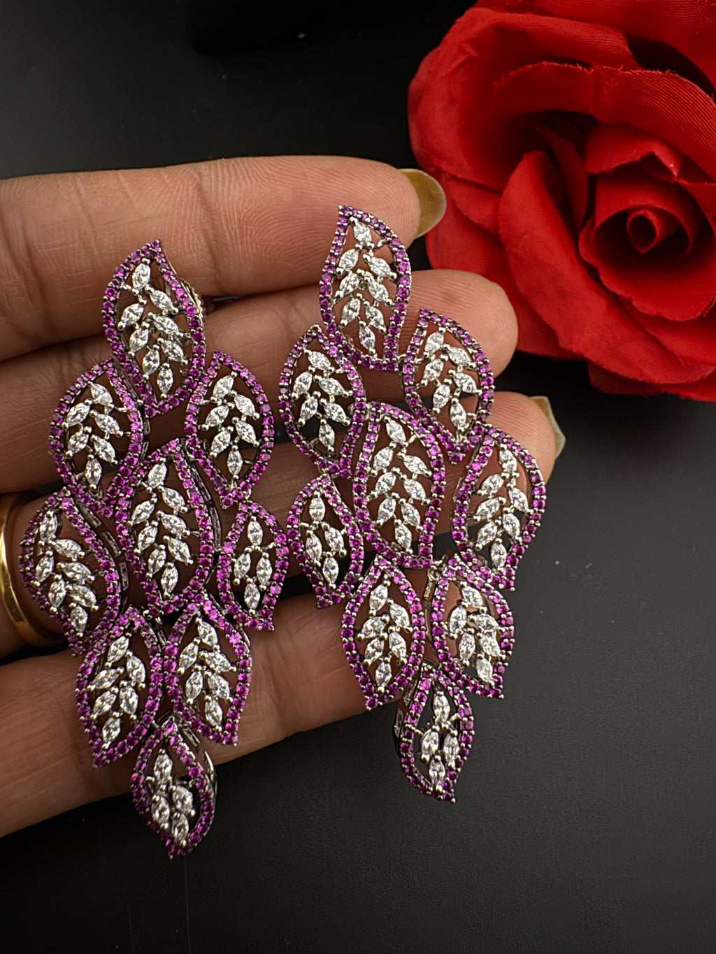 Premium Nano Setting Cubic Zirconia Long Chandelier earrings in leaf shape, stylish, designer Statement long earring/Bridal Bridesmaid