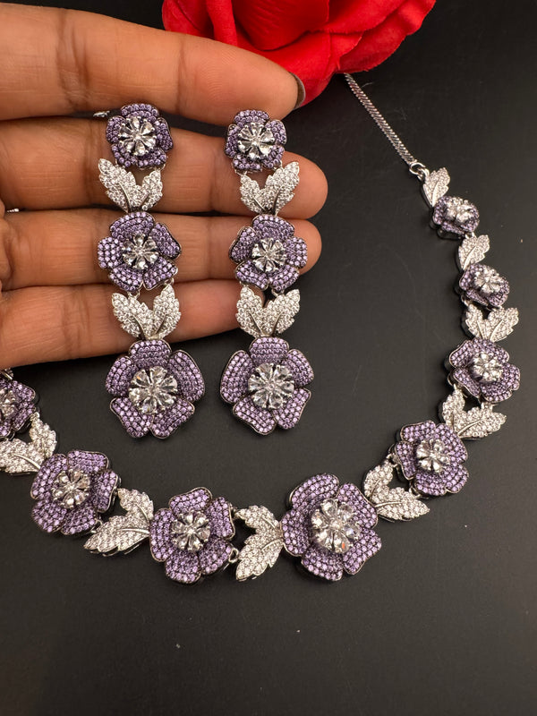 Nano Setting CZ Diamond Statement Necklace Set, White Gold Plated Choker set, nature inspired