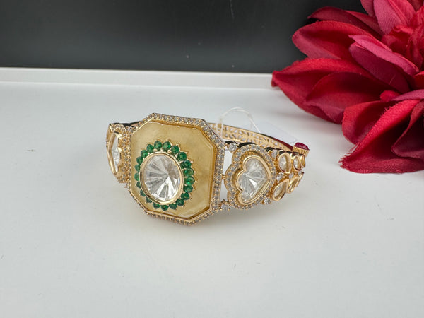 Moissanite Kundan, MOP, CZ Adjustable Bracelet Bangle, Gold Polish (Fits size 2.6")