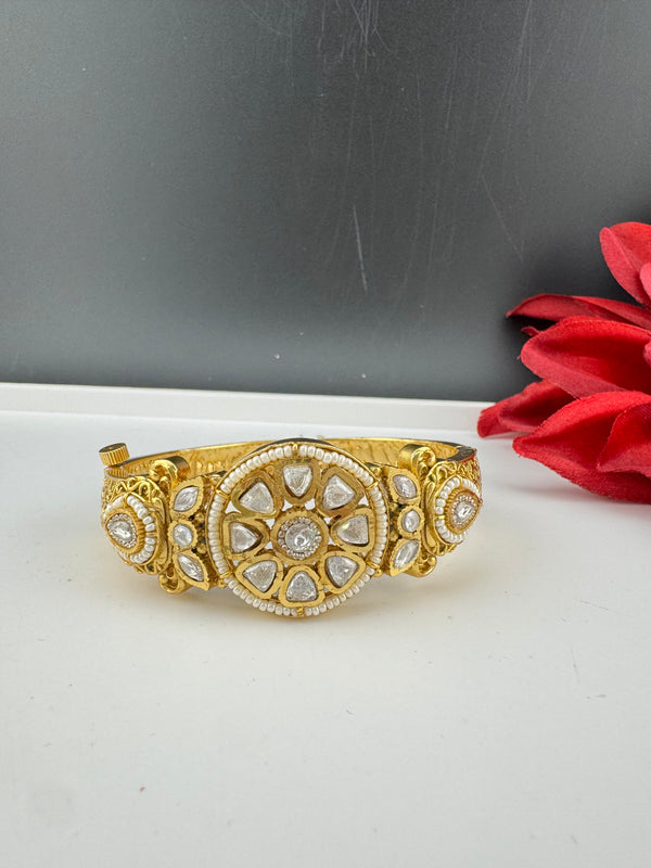 Moissanite Kundan, Pearl, CZ Designer Bracelet Bangle, Matt Gold Polish (Fits upto 2.6" Wrist)