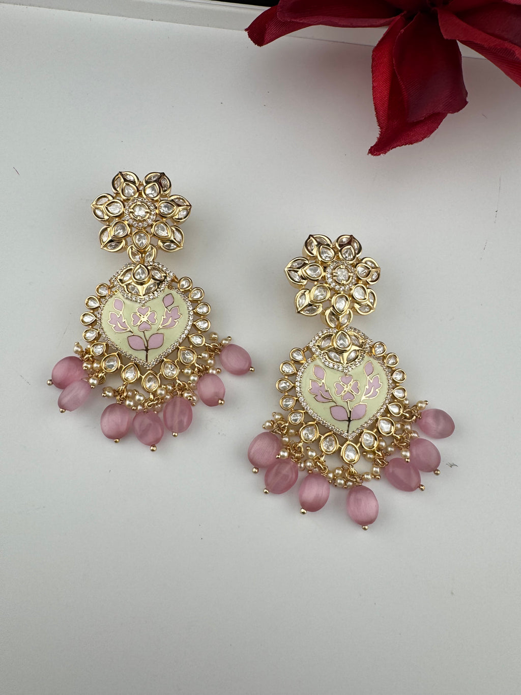 Enamel and Gold Kundan Chandelier Long Earrings, High shine Bridal Moissanite CZ, Designer Earrings