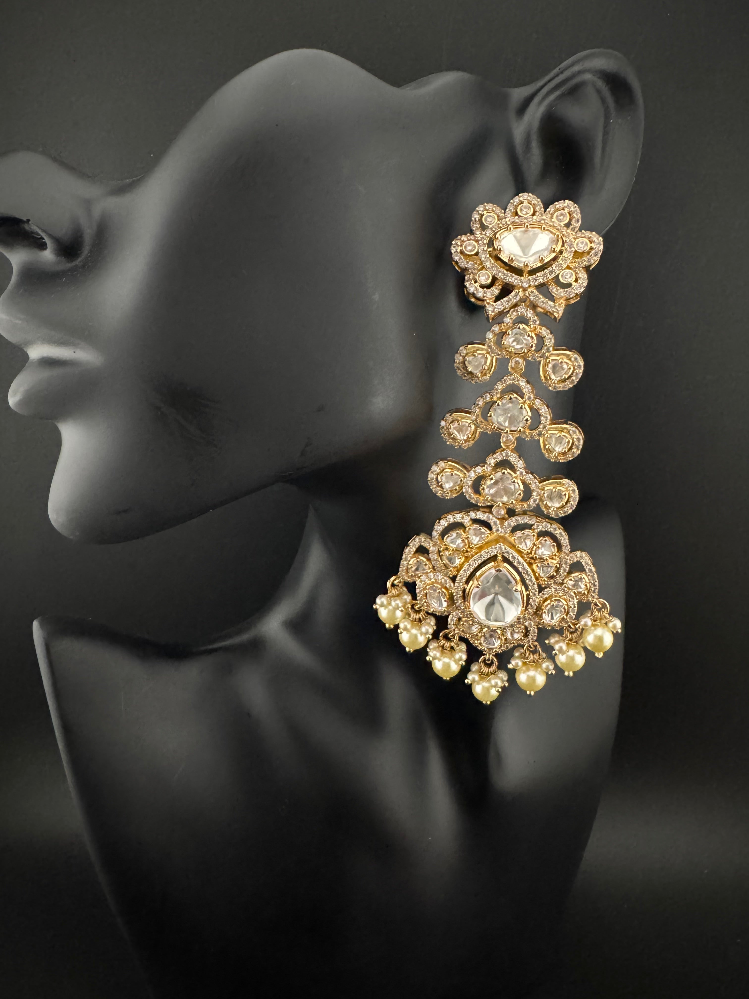 White and Gold Kundan, Pearls Chandelier Long Earrings, Bridal, Moissanite, CZ, Designer jewelry