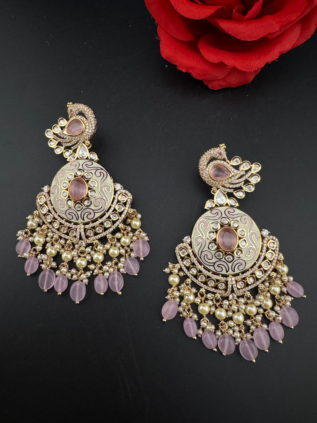 Enamel and Gold Kundan Chandelier Long Earrings, High shine Bridal Moissanite CZ, Designer Earrings