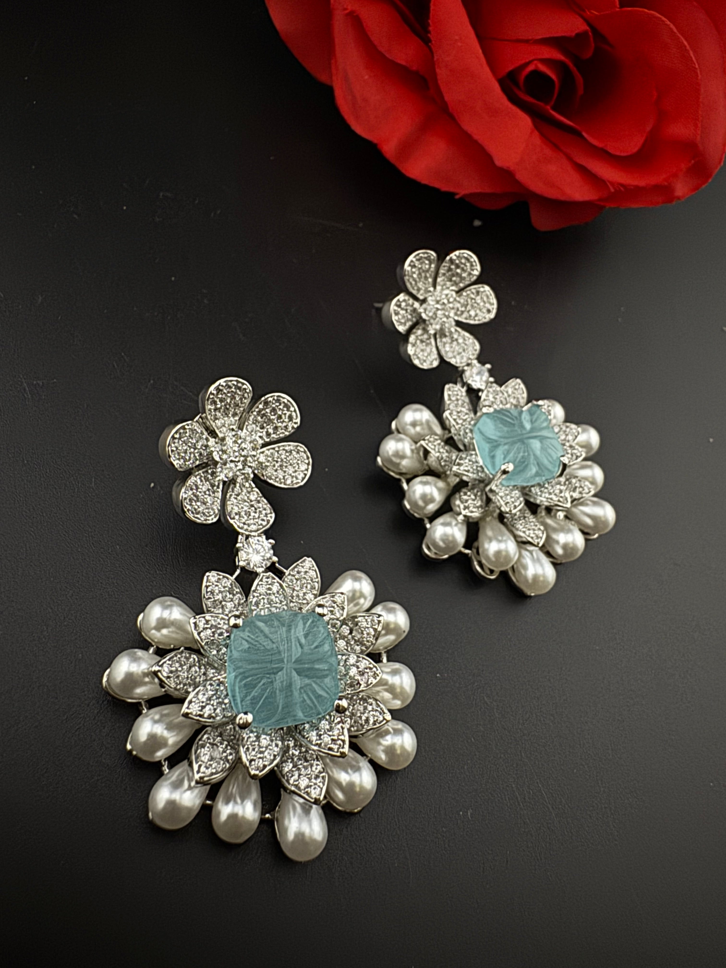 Premium Nano Setting Cubic Zirconia Carved Stone Pearls Drop earrings in unique 3D shape, stylish, Statement earring/Bridal Bridesmaid gift