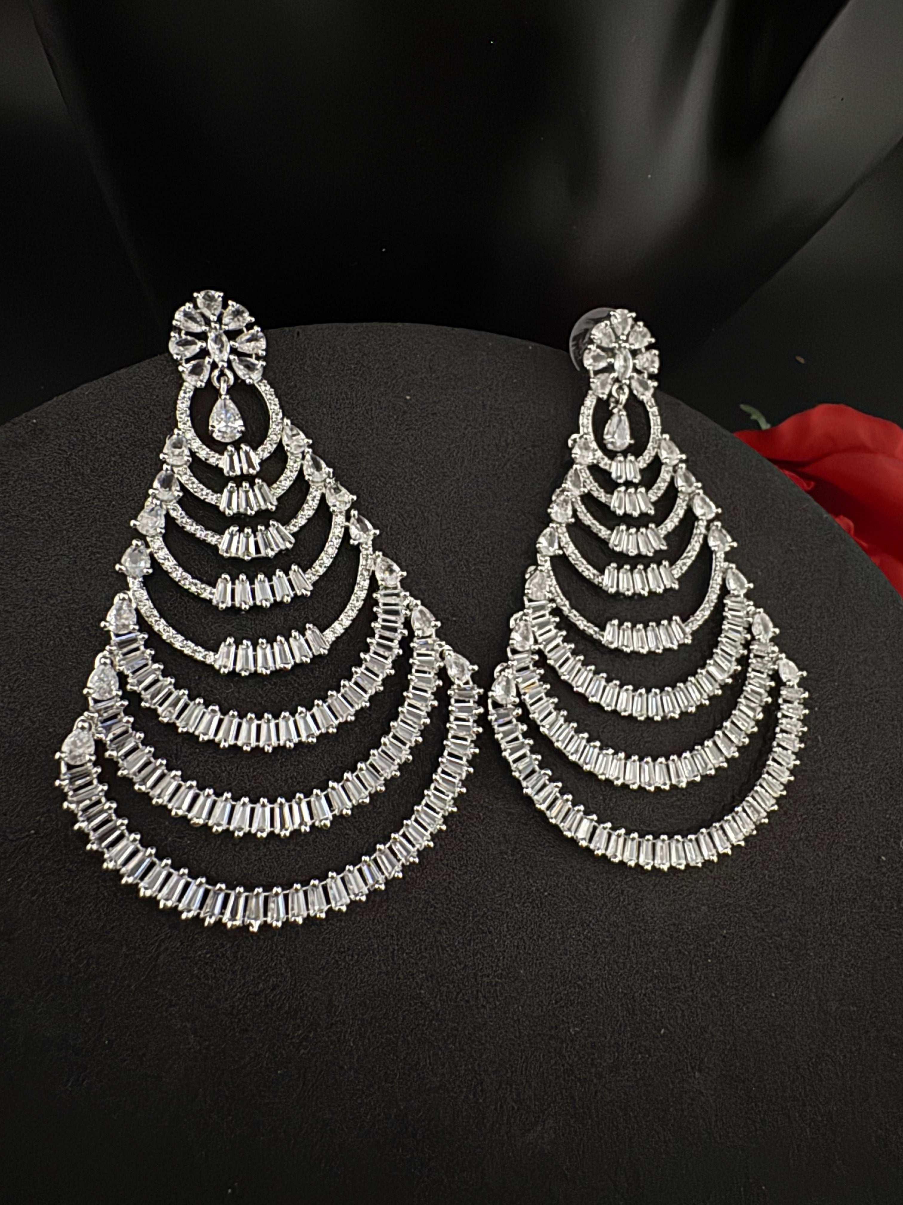 Premium Cubic Zirconia silver Chandelier Oversized earrings is designer Inspired, Statement Long earring, Bridal, Party, Wedding jewelry,